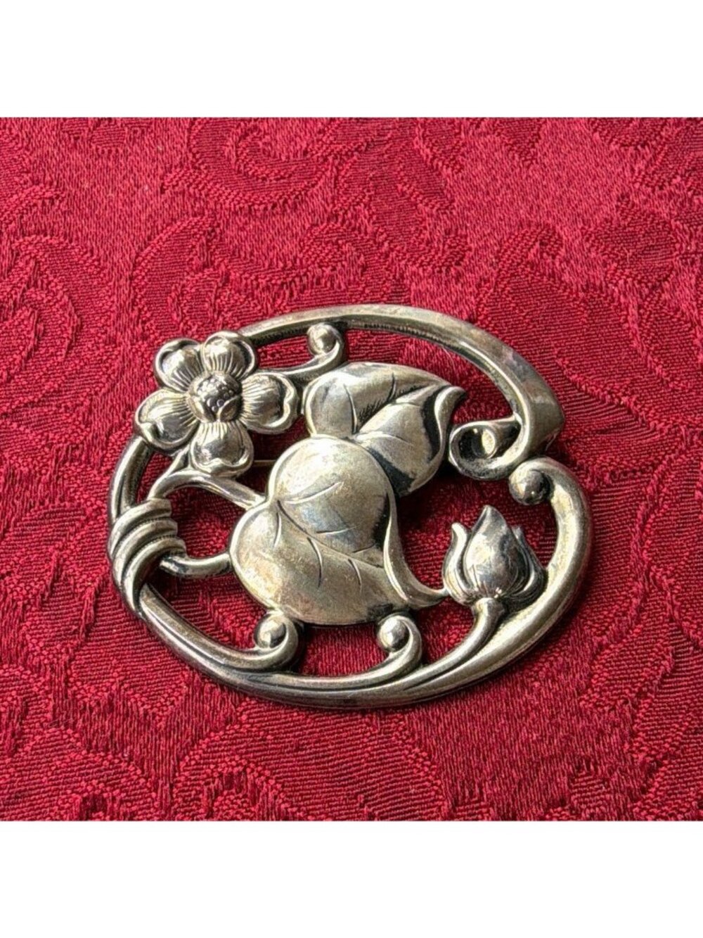 Vintage Sterling Silver Floral Brooch Pin Openwork Silverman Bros Art Nouveau